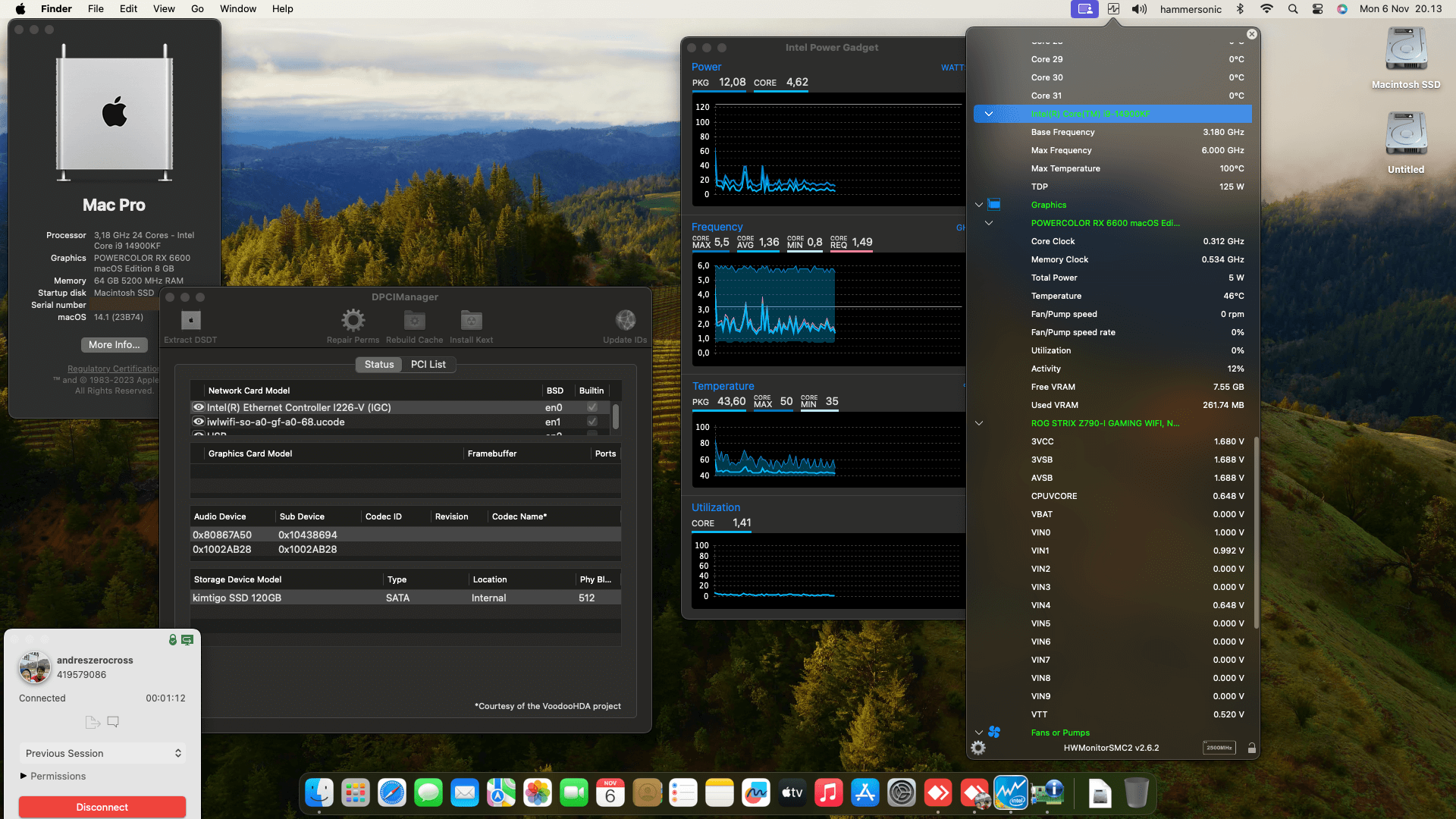 Success Hackintosh macOS Sonoma 14.1 Build 23B74 in Asus ROG Strix Z790-I Gaming Wifi + Intel Core i9 14900KF + PowerColor RX 6600